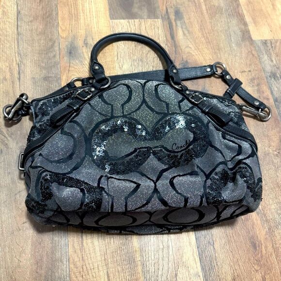 Authentic COACH Madison Collection Sophia Metallic monogram leather/ canvas bag.